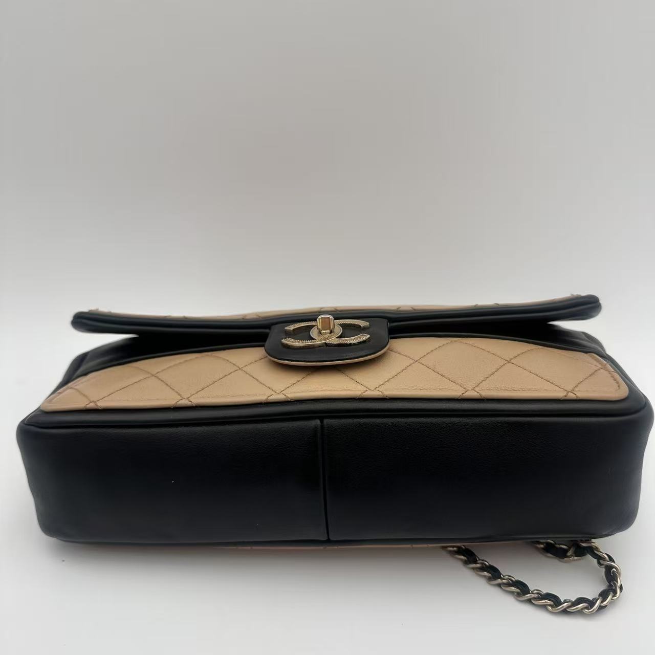 Black/Beige Quilted Lambskin Leather Graphic Medium Flap Bag