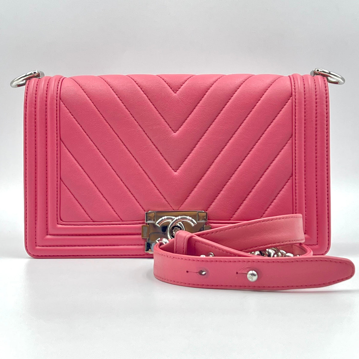 Chanel Boy Chevron Flap Bag in Pink with Silver-Tone Hardware