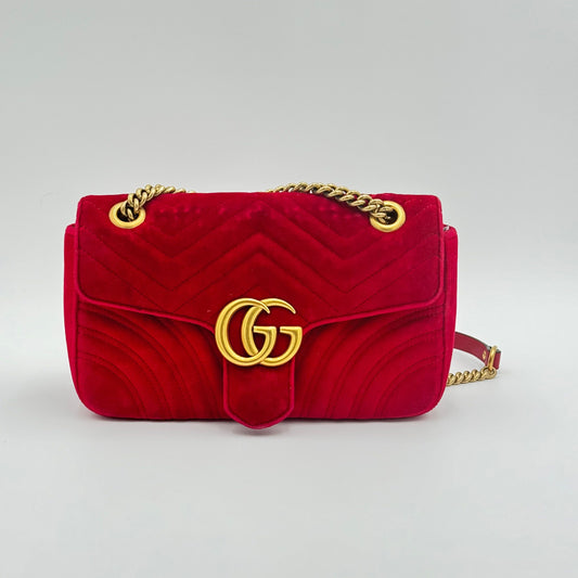 GG Marmont Flap Bag Matelasse Velvet Small Red